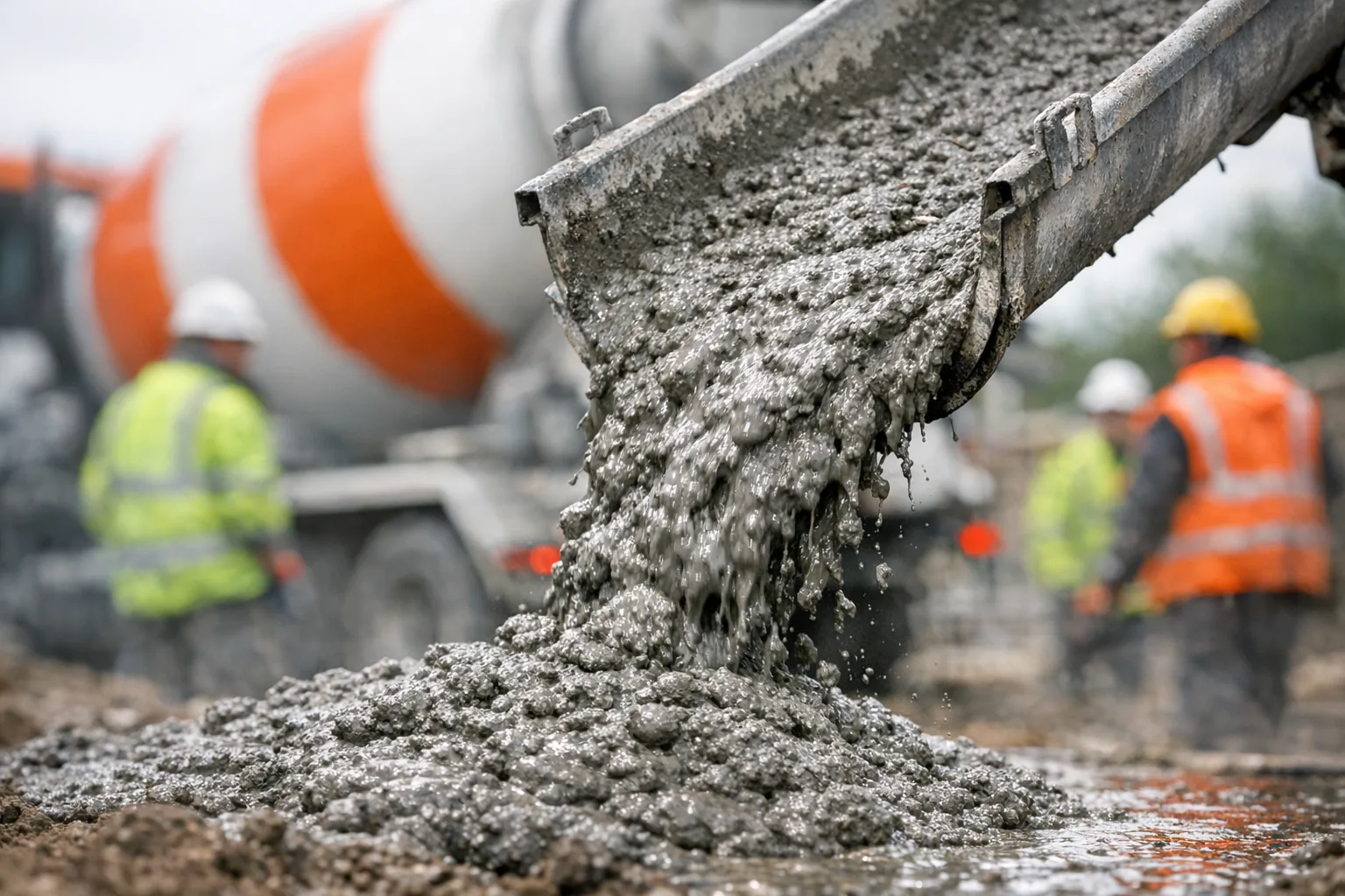 Wet ready-mix concrete pouring down a chute from a mixer truck on a construction site