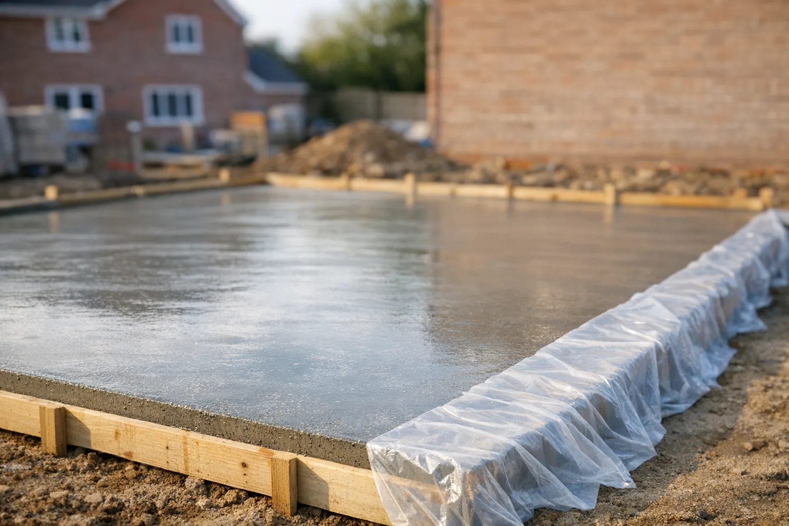 Freshly poured concrete slab curing under plastic sheeting on a UK construction site