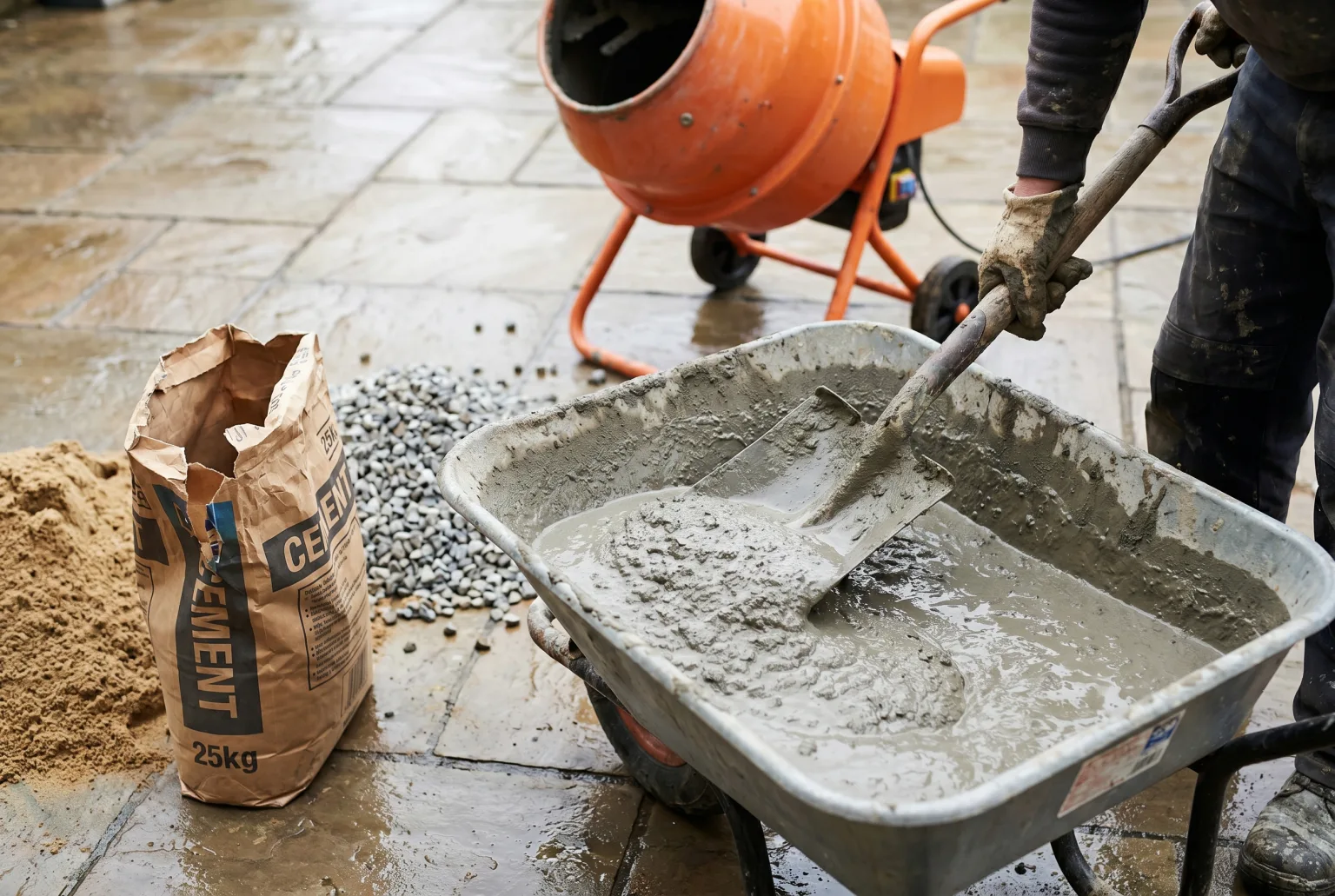 Mixing concrete by hand in a wheelbarrow on a UK domestic patio
