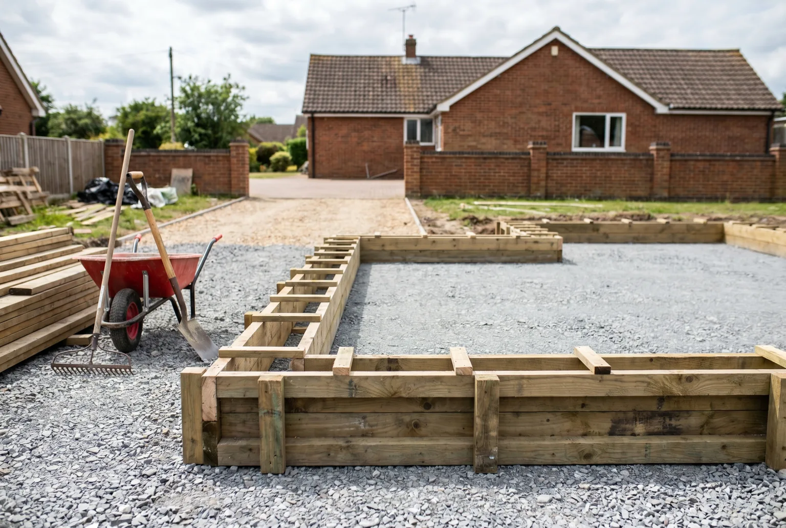 A UK domestic site with timber formwork prepared for a concrete delivery