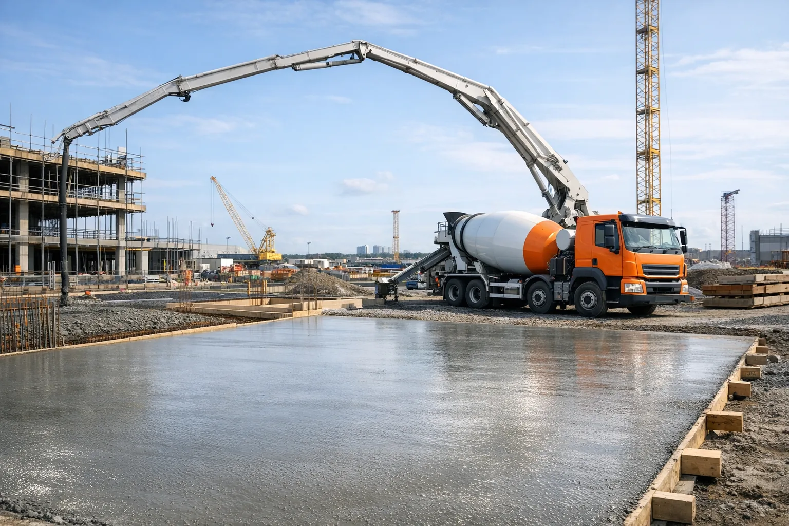 Concrete pump, mixer truck and a freshly poured slab on a UK construction site