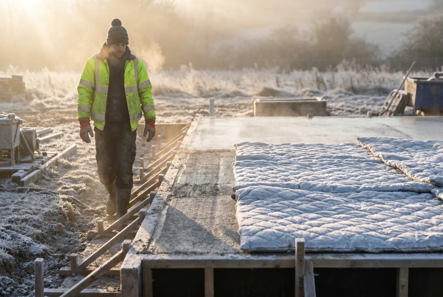Concrete pour on a frosty UK winter morning with insulating frost blankets