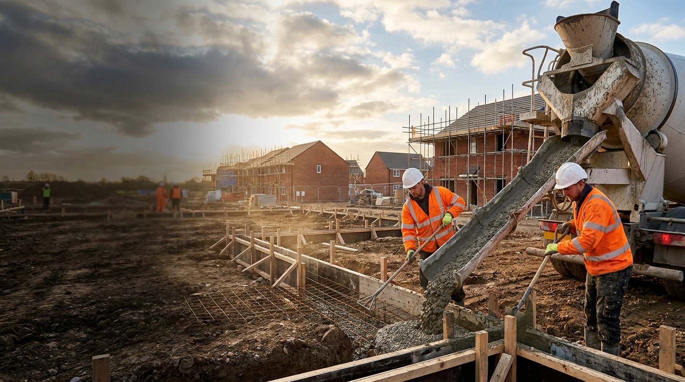 Builders in hi-vis guiding a Rock Solid Concrete pour into foundation formwork on a Midlands groundworks site